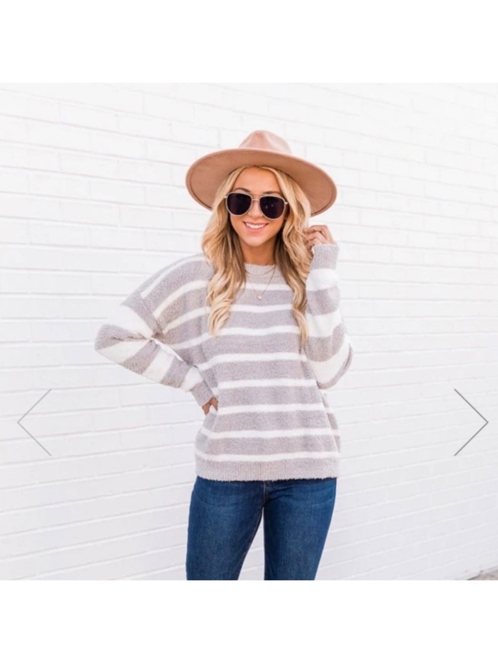 Pink Lily Follow My Direction Fuzzy Sweater Grey White Striped XS